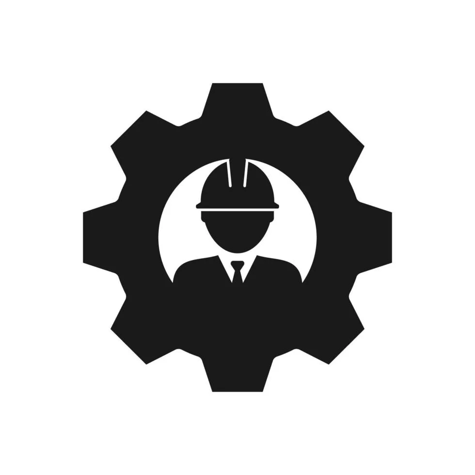 Symbol eines Ingenieurs mit Helm in einem Zahnrad, repräsentiert technische Expertise.