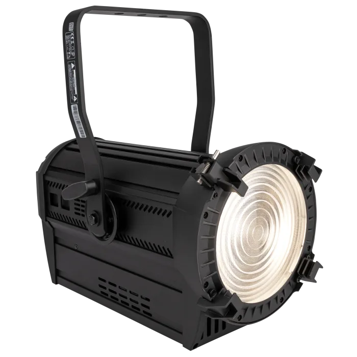 Schwarzer LED-Scheinwerfer mit Griff und runder Linse.