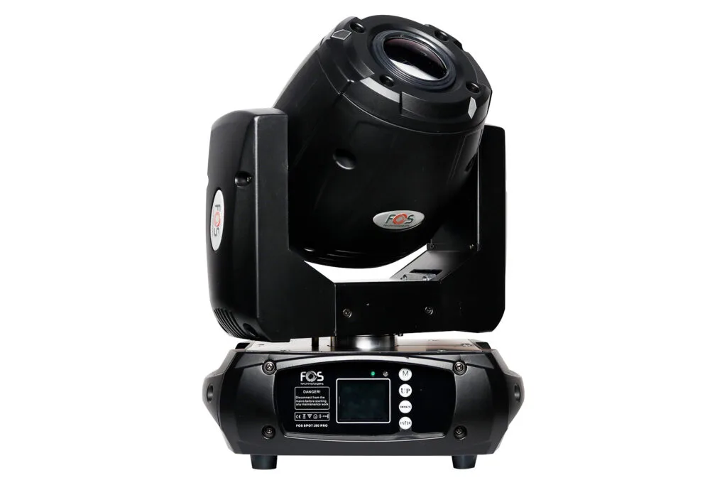 Schwarzes Moving-Head-Licht von FOS mit LED-Display und Drehmechanismus.